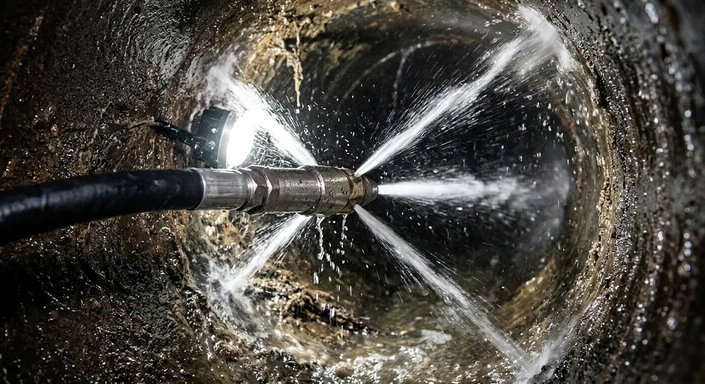 High-pressure hydro jetting nozzle cleaning sewer pipe for Trenchless Sewer Repair in Los Altos Hills