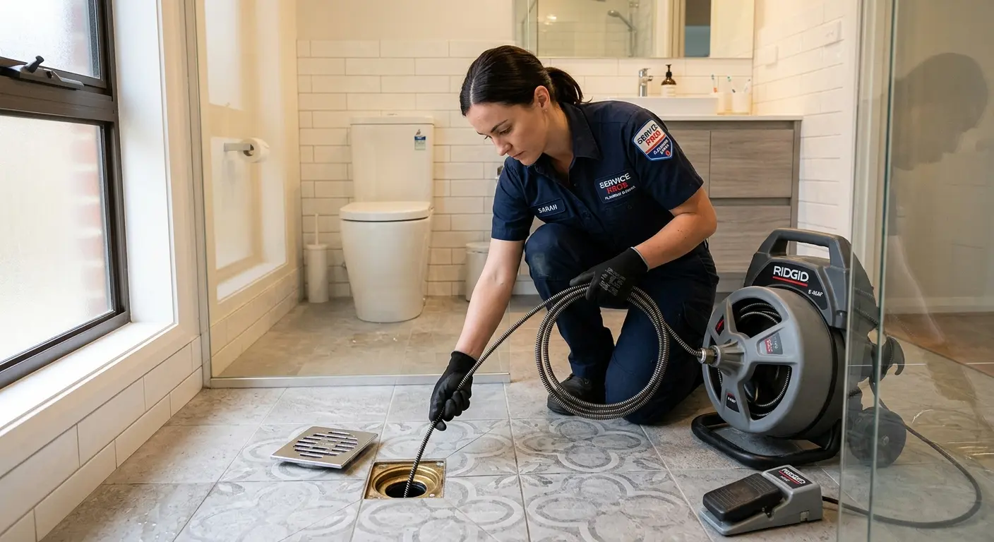 Technician clearing a bathroom floor drain for Drain Cleaning in Los Altos Hills